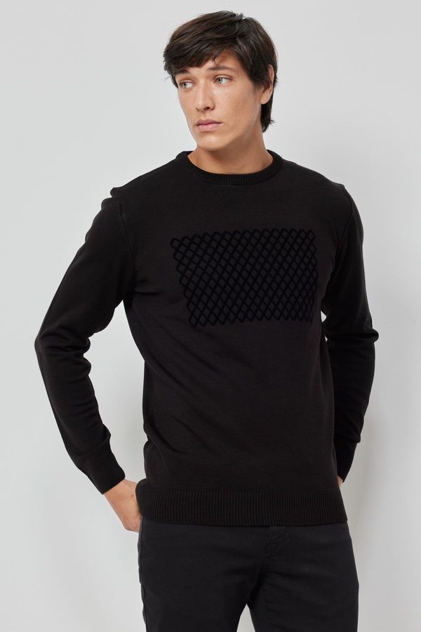 ALTINYILDIZ CLASSICS ALTINYILDIZ CLASSICS Men's Black Anti-Pilling Anti-pilling Standard Fit Crew Neck Front Printed Knitwear Sweater