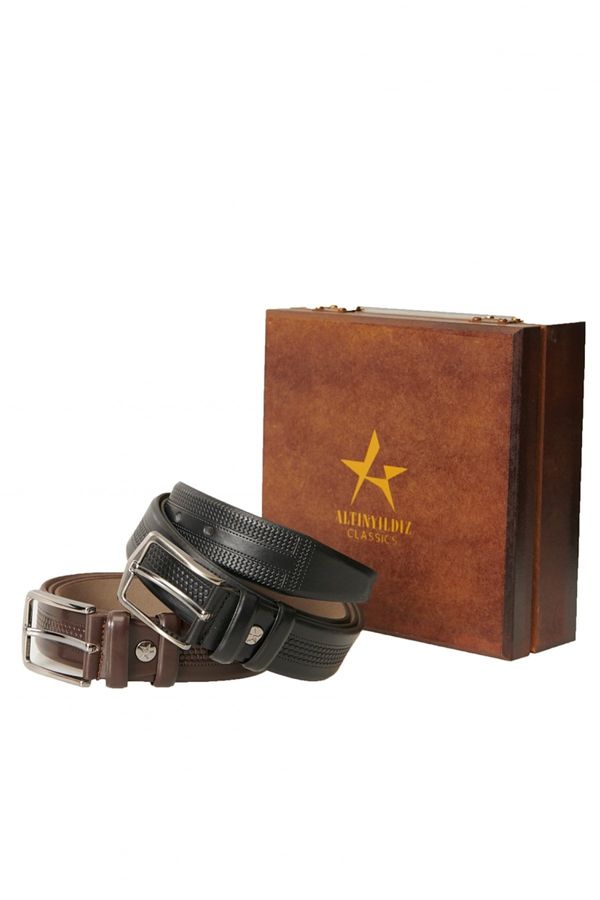 ALTINYILDIZ CLASSICS ALTINYILDIZ CLASSICS Men's Black-Brown Special Wooden Gift Boxed 2-Piece Suit Belt Groom's Pack