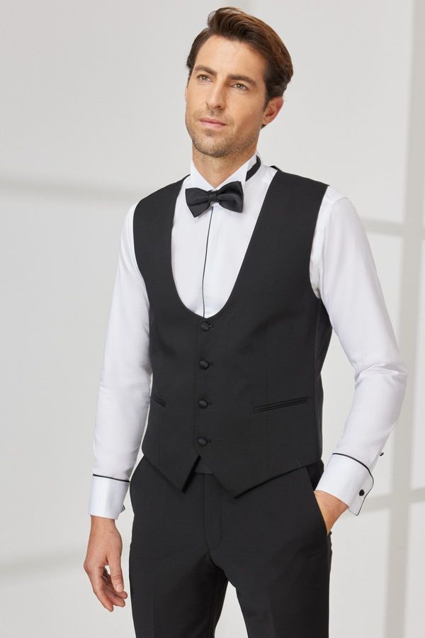 ALTINYILDIZ CLASSICS ALTINYILDIZ CLASSICS Men's Black Slim Fit Slim Fit U-neck Patterned Classic Vest