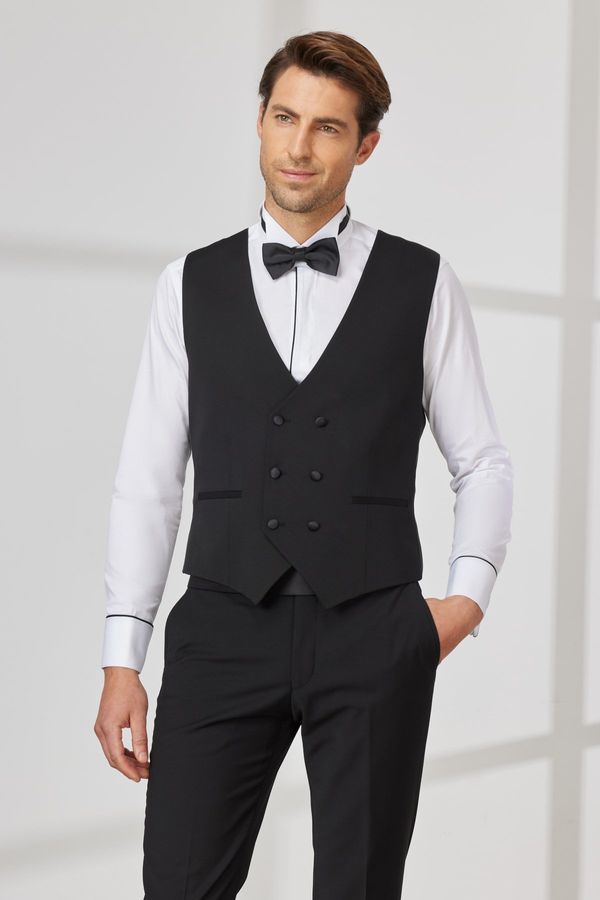 ALTINYILDIZ CLASSICS ALTINYILDIZ CLASSICS Men's Black Slim Fit Slim Fit V-neck Patterned Classic Waistcoat.