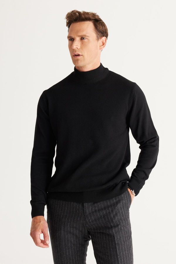 ALTINYILDIZ CLASSICS ALTINYILDIZ CLASSICS Men's Black Standard Fit Normal Cut Half Turtleneck Cotton Knitwear Sweater.