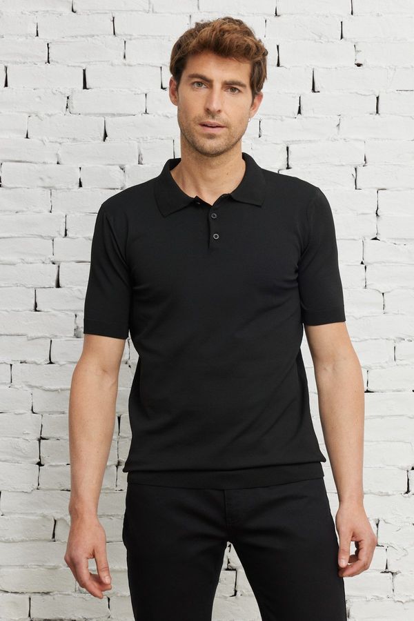 ALTINYILDIZ CLASSICS ALTINYILDIZ CLASSICS Men's Black Standard Fit Normal Cut Polo Neck Short Sleeved Knitwear T-Shirt.