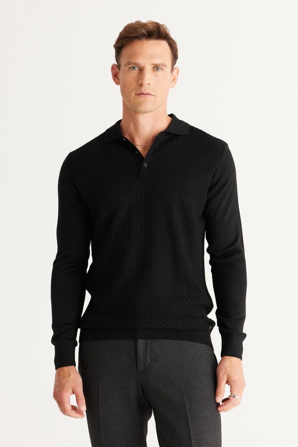 ALTINYILDIZ CLASSICS ALTINYILDIZ CLASSICS Men's Black Standard Fit Normal Cut Polo Neck Wool Knitwear Sweater.