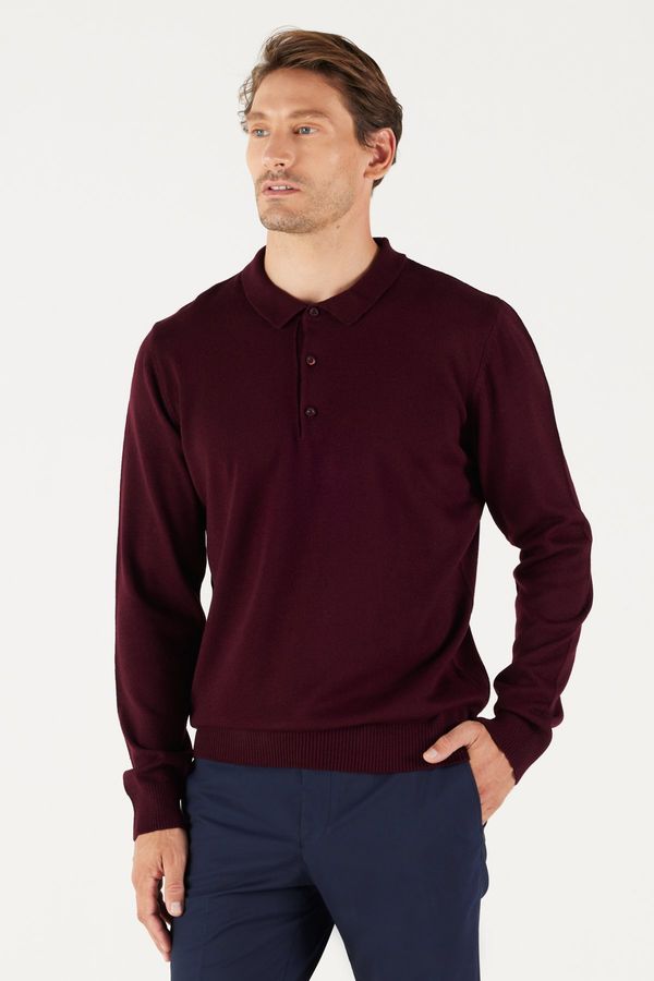 ALTINYILDIZ CLASSICS ALTINYILDIZ CLASSICS Men's Claret Red Anti-Pilling Anti-Pilling Fabric Standard Fit Normal Cut Polo Collar Knitwear Sweater.
