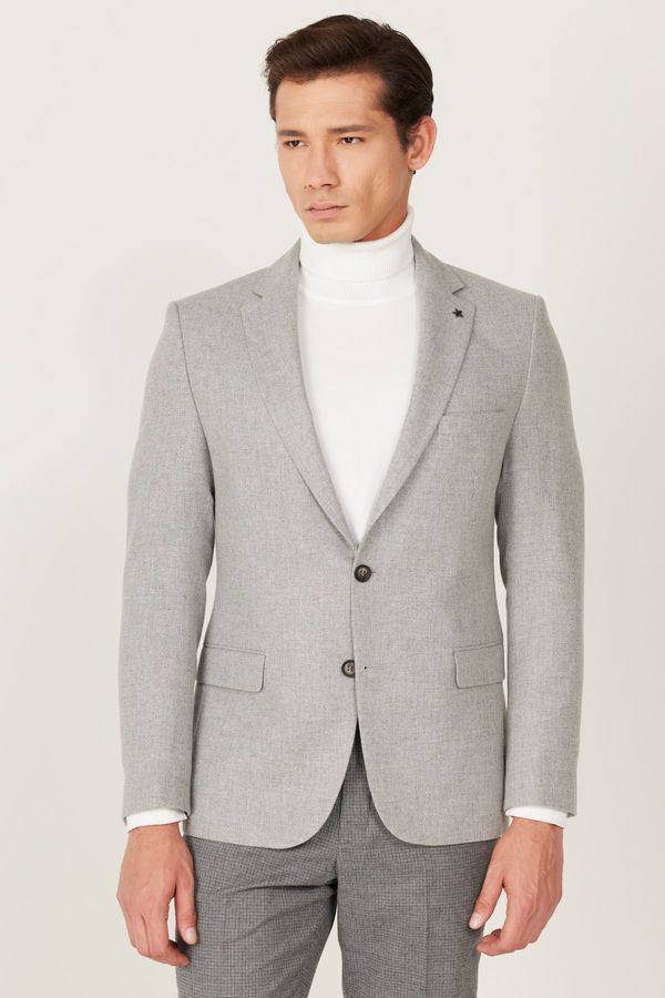 ALTINYILDIZ CLASSICS ALTINYILDIZ CLASSICS Men's Gray Slim Fit Slim Fit Mono Collar Patterned Woolen Blazer Jacket