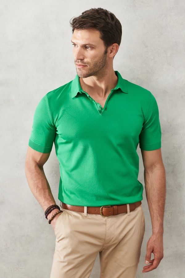 ALTINYILDIZ CLASSICS ALTINYILDIZ CLASSICS Men's Green Standard Fit Plain Polo Neck Short Sleeve Knitwear T-Shirt