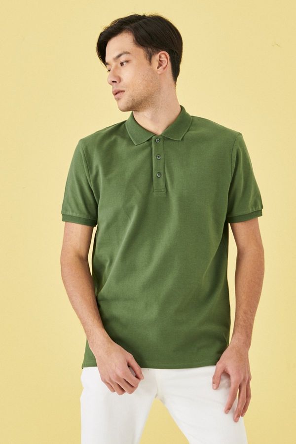 ALTINYILDIZ CLASSICS ALTINYILDIZ CLASSICS Men's Khaki 100% Cotton Anti-roll Collar Slim Fit Slim Fit Polo Neck Short Sleeved T-Shirt.
