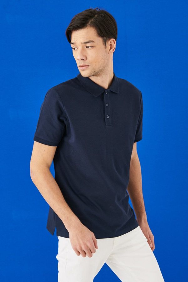 ALTINYILDIZ CLASSICS ALTINYILDIZ CLASSICS Men's Navy Blue 100% Cotton Roll-Up Collar Slim Fit Slim Fit Polo Neck Short Sleeved T-Shirt.