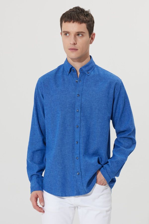 ALTINYILDIZ CLASSICS ALTINYILDIZ CLASSICS Men's Navy Blue Comfort Fit Comfy Cut Buttoned Collar Linen Shirt.
