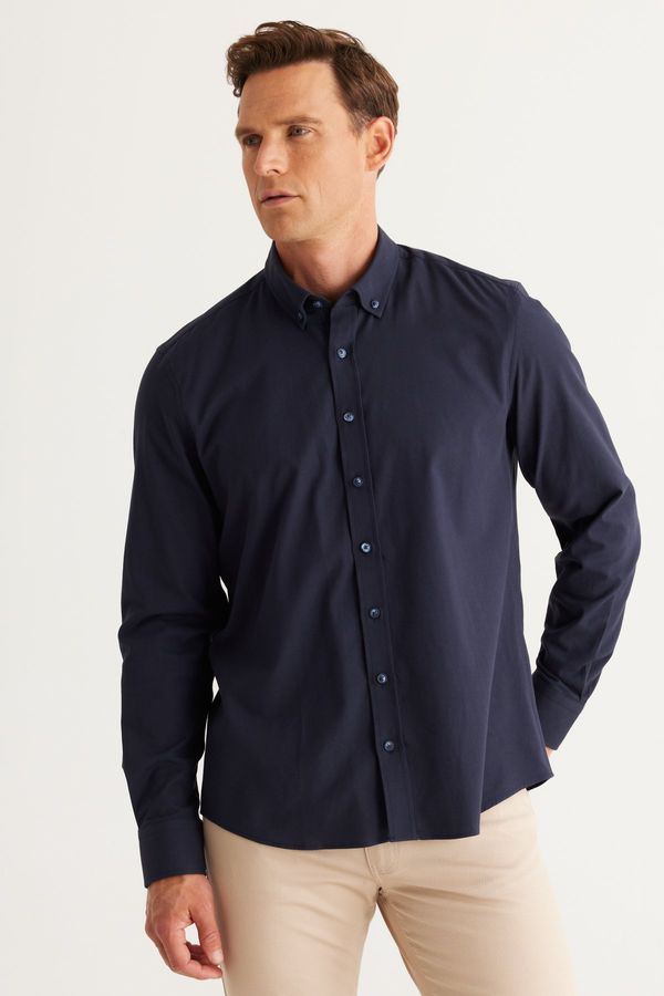 ALTINYILDIZ CLASSICS ALTINYILDIZ CLASSICS Men's Navy Blue Slim Fit Slim Fit Button-down Collar Cotton Gabardine Shirt