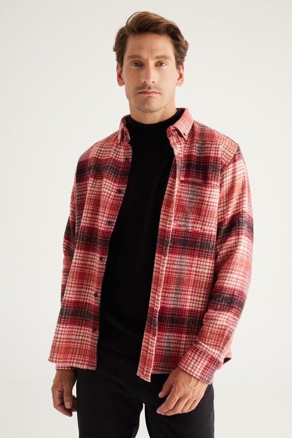 ALTINYILDIZ CLASSICS ALTINYILDIZ CLASSICS Men's Red-black Comfort Fit Relaxed-Cut Buttoned Collar Checked Flannel Shirt.