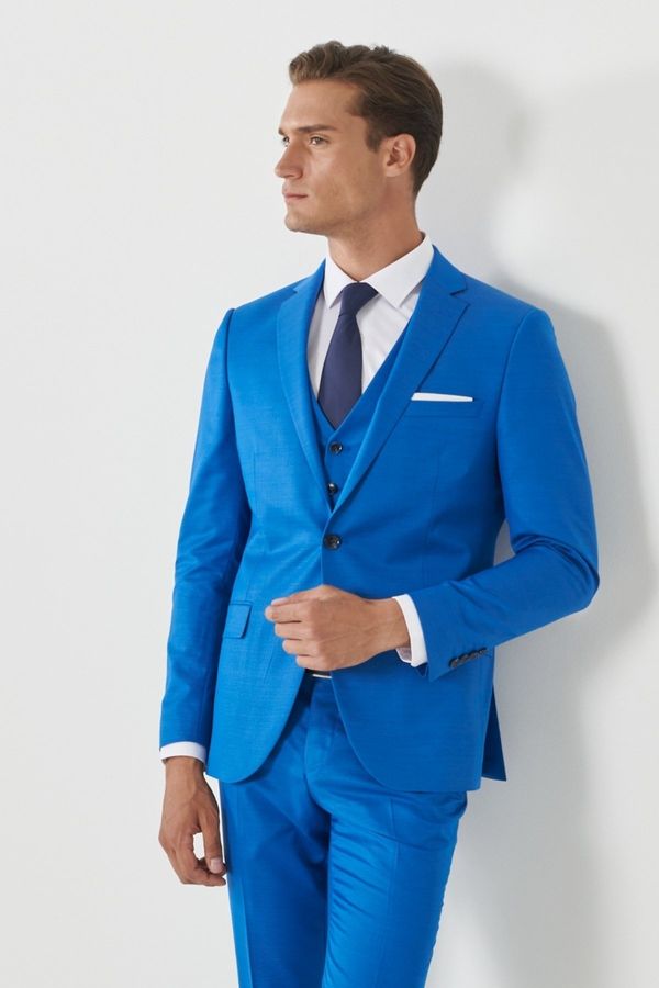 ALTINYILDIZ CLASSICS ALTINYILDIZ CLASSICS Men's Sax-Blue Extra Slim Fit Slim Fit Slim Fit Monocollar Pick Patterned Vest Suit.