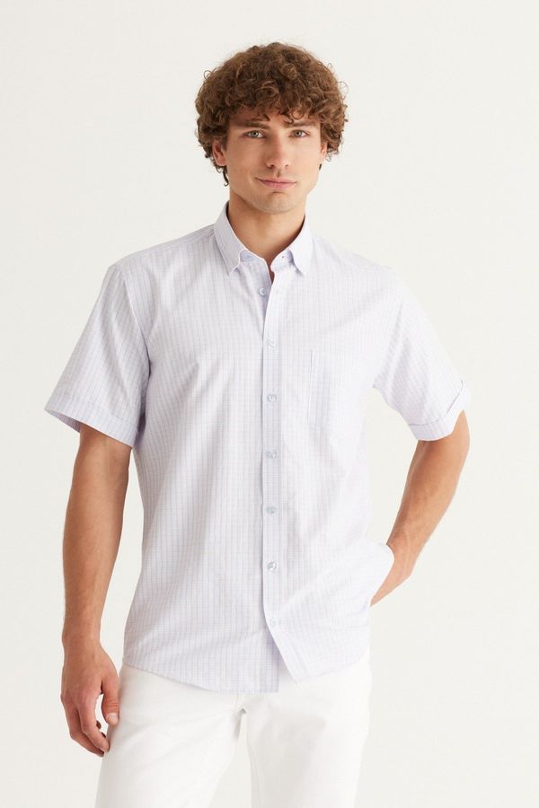ALTINYILDIZ CLASSICS ALTINYILDIZ CLASSICS Men's White-blue Comfort Fit Comfy Cut Buttoned Collar Check Short Sleeve Shirt.