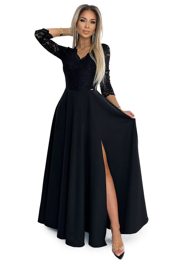 NUMOCO AMBER Elegant Lace Long Dress with Neckline and Slit on Legs - Black