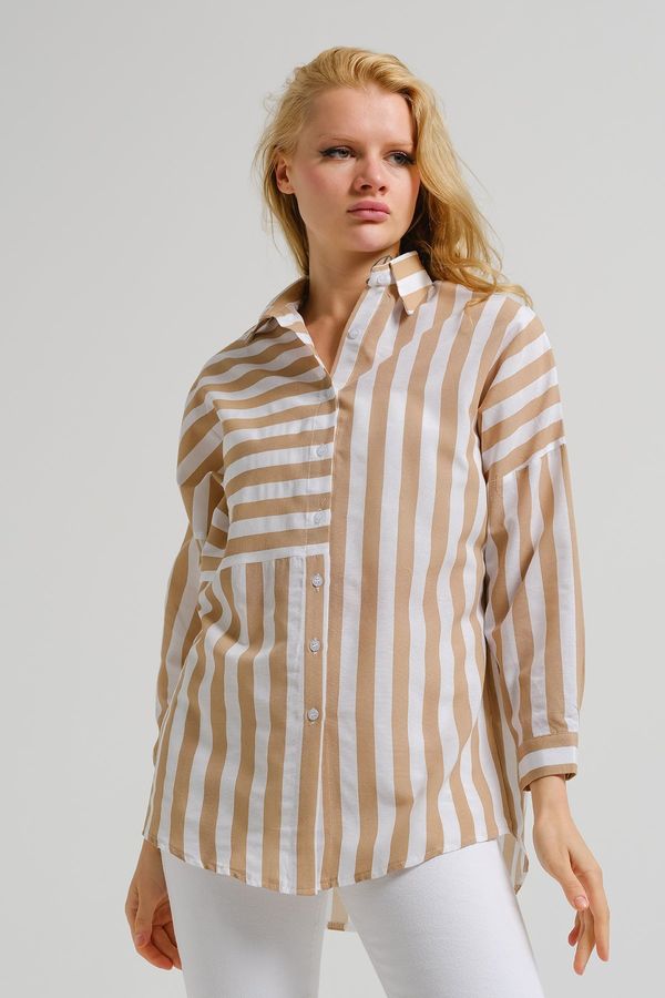 armonika armonika Women's Beige Asymmetric Striped Overszie Long Basic Shirt