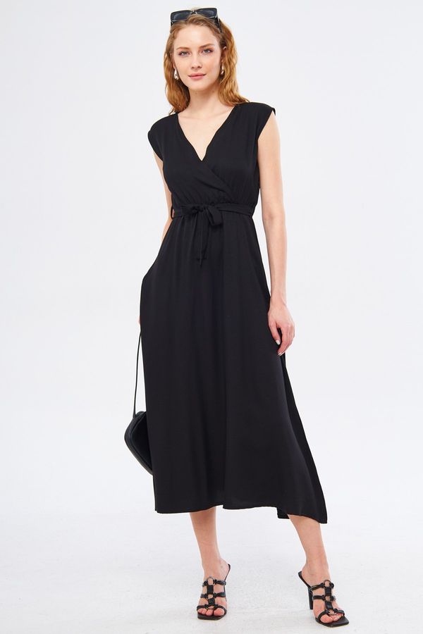 armonika armonika Women's Black Efta Dress Back and Front Collar Double Breasted Belted Midi Length