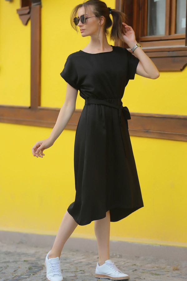 armonika armonika Women's Black Elastic Tie Waist Dress