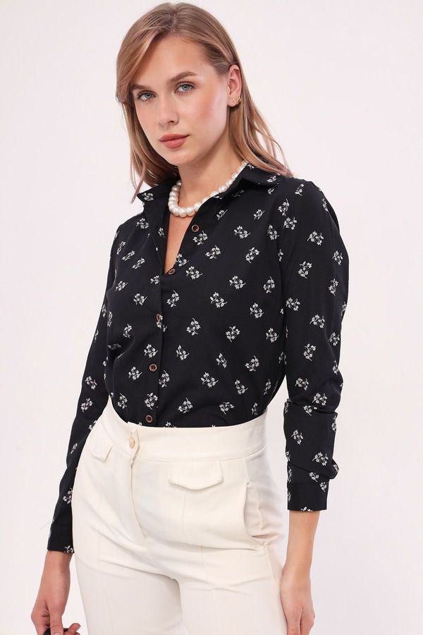 armonika armonika Women's Black Floral Pattern Long Sleeve Shirt