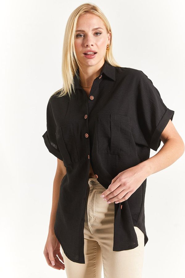 armonika armonika Women's Black Linen Shirt with Double Pocket Detail with a yoke at the back