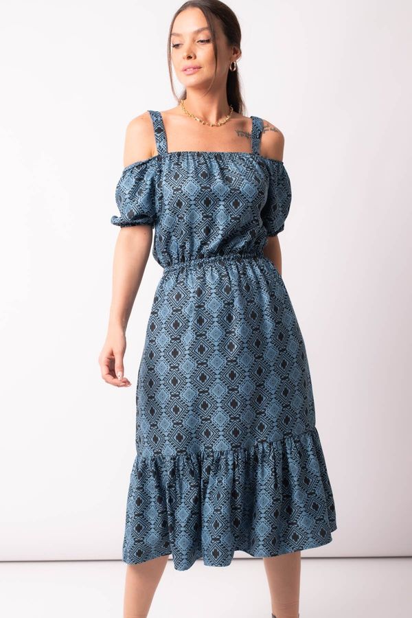 armonika armonika Women's Blue Patterned Strapless Dress with Elastic Waist