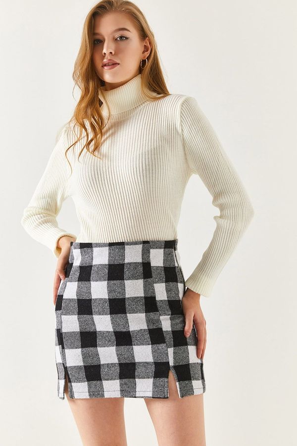 armonika armonika Women's Checker Pattern Stitched Slit Mini Skirt