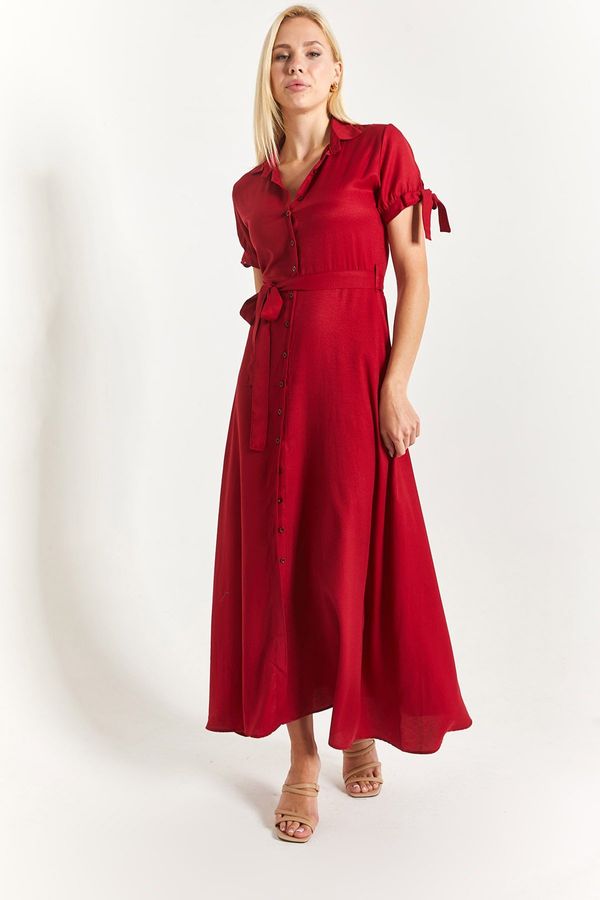 armonika armonika Women's Claret Red Tie Sleeves With Belted Waist Shirt Dress