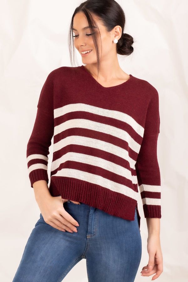 armonika armonika Women's Claret Red V-Neck Striped Short Front Sweater