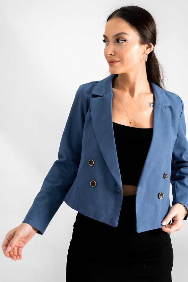 armonika armonika Women's Dark Blue Double Breasted Collar Gabardine Crop Jacket