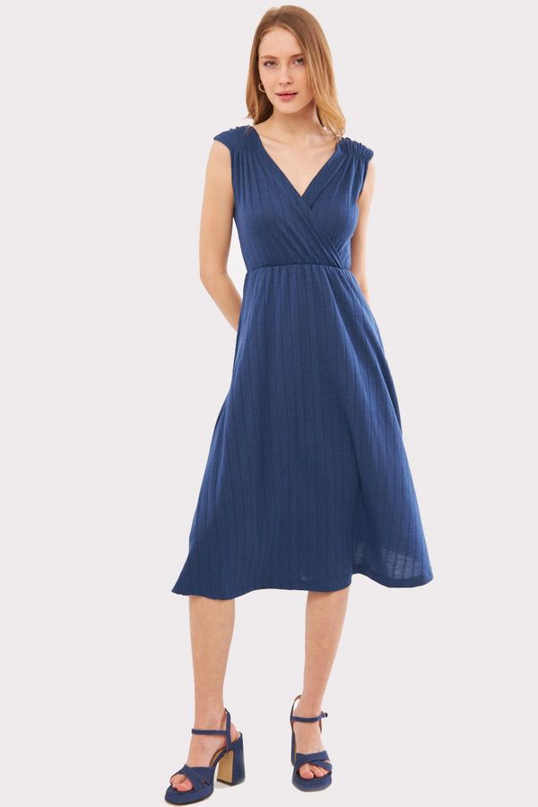 armonika armonika Women's Dark Blue Elastic Waist And Shoulder Elastic Skirt Lined Double Breasted Neck Midi Length Dress