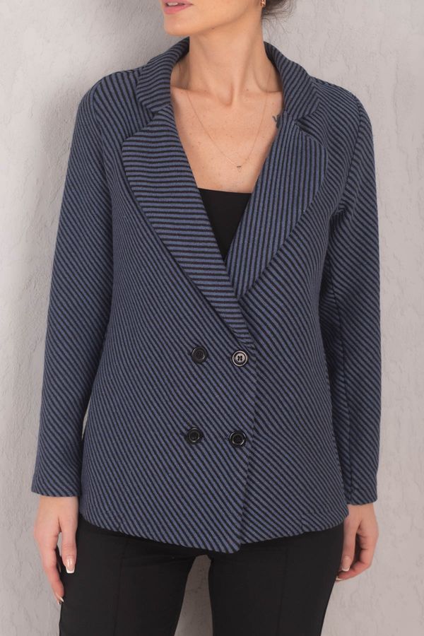 armonika armonika Women's Dark Blue Stripe Patterned Four-Button Stash Jacket