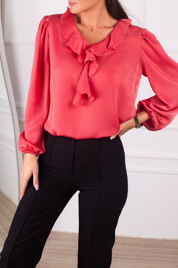 armonika armonika Women's Dark Pink Satin Blouse with Frilled Collar on the Shoulders and Elasticated Sleeves