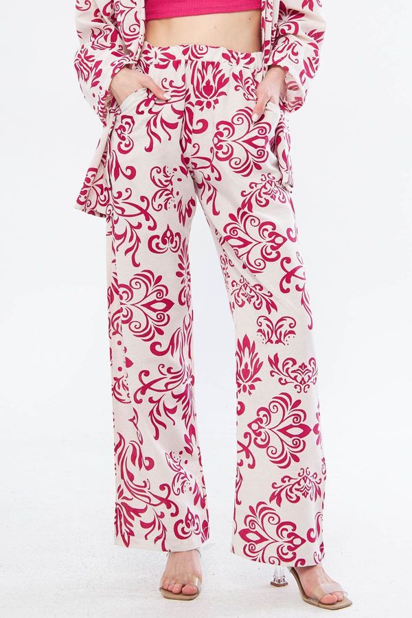 armonika armonika Women's Fuchsia Ena Trousers with Elastic Waist and Pocket Detail Linen Look Wide Leg