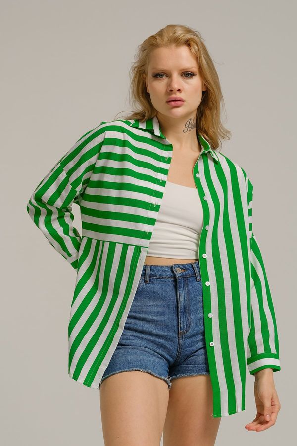 armonika armonika Women's Green Asymmetrical Striped Overszie Long Basic Shirt