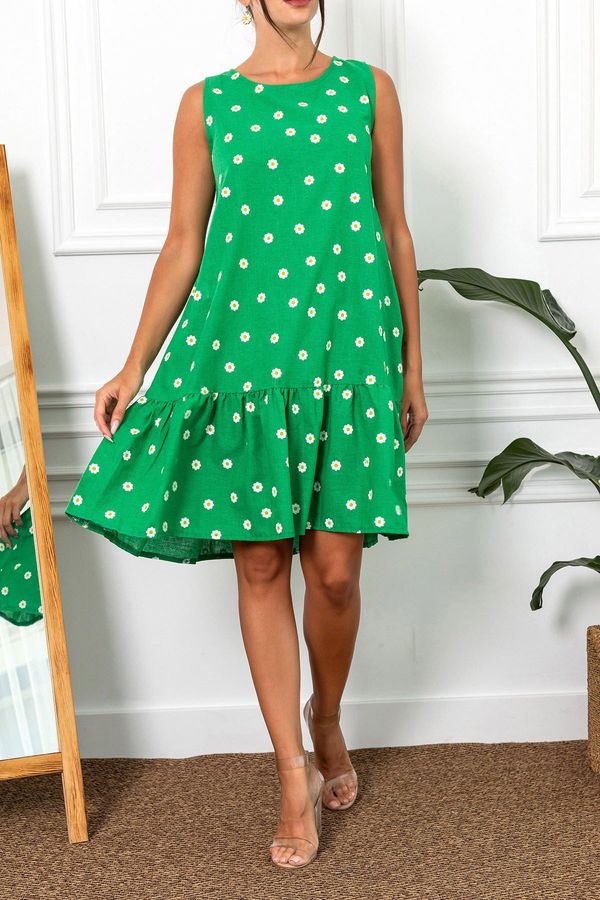 armonika armonika Women's Green Daisy Pattern Sleeveless Frilly Skirt Dress