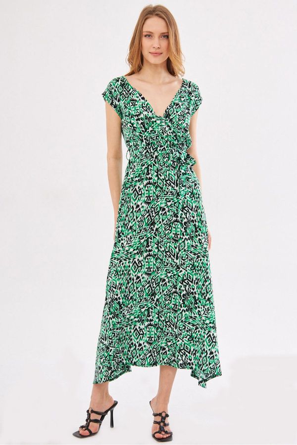 armonika armonika Women's Green Efta Dress Back And Front Double Double Breasted Belted Patterned Midi Length