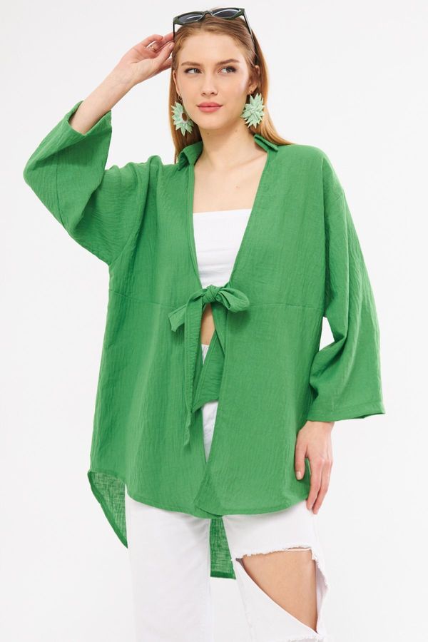 armonika armonika Women's Green Linen Look Front Tie Kimono Shirt