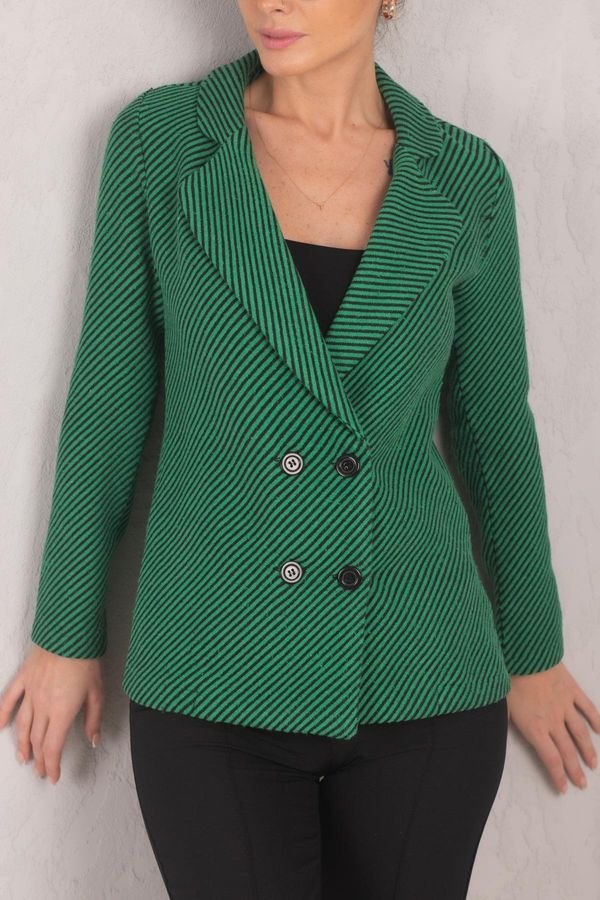 armonika armonika Women's Green Stripe Patterned Four-Button Stash Jacket