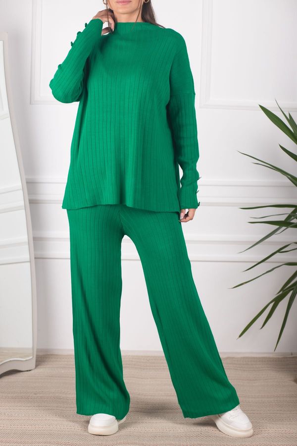 armonika armonika Women's Green Thick Ribbed Standing Collar With Buttons, Knitwear Suit