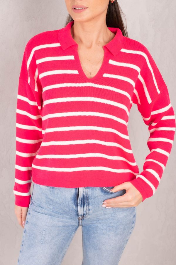 armonika armonika Women's Light Fuchsia Striped Polo Neck Knitwear Sweater