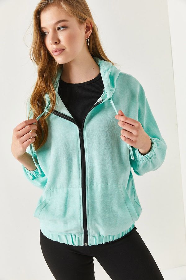 armonika armonika Women's Light Green Hoodie with Zipper Oversized Sweatshirt