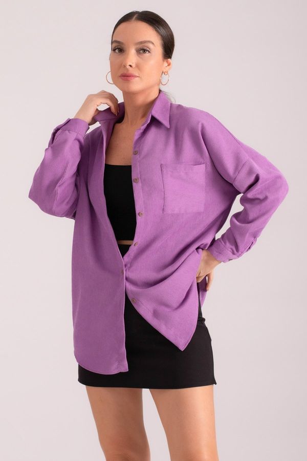 armonika armonika Women's Lilac Pocket Oversize Slim Ribbed Velvet Shirt
