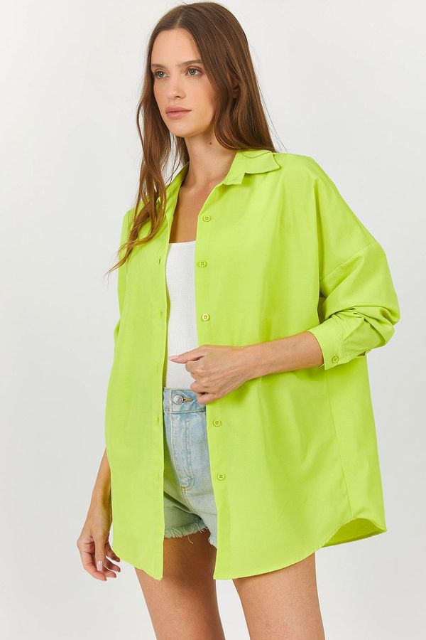 armonika armonika Women's Neon Green Oversize Long Basic Shirt