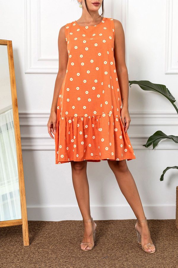 armonika armonika Women's Orange Daisy Pattern Sleeveless Frilly Skirt Dress