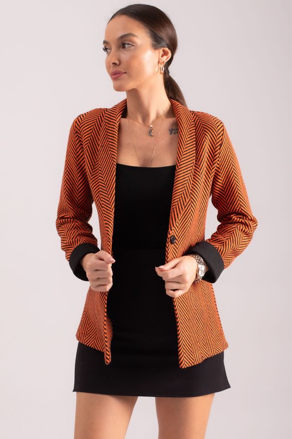 armonika armonika Women's Orange Herringbone Pattern Fold Sleeve Single Button Cachet Jacket