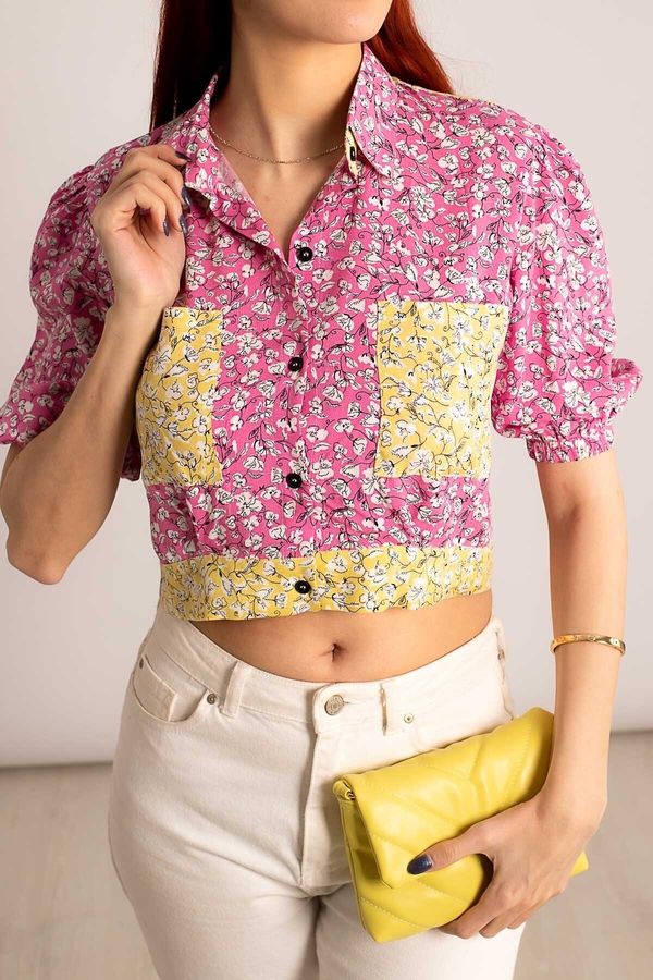 armonika armonika Women's Pink Crop Shirt with Elastic Sleeves, Pocket and Back Detail