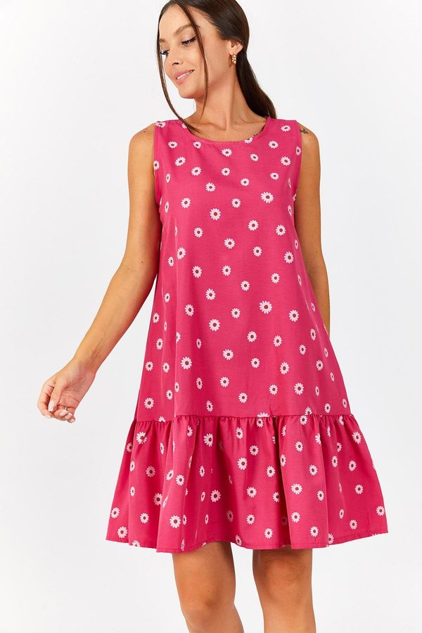 armonika armonika Women's Pink Daisy Pattern Sleeveless Skirt with Ruffle Frilled Dress