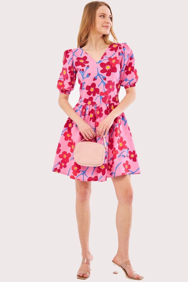 armonika armonika Women's Pink Front Back V Neck Balloon Sleeve Belt Detailed Patterned Mini Dress