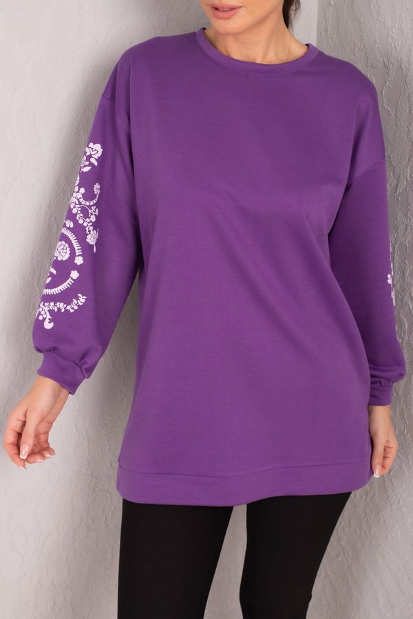 armonika armonika Women's Purple Round Neck Sleeve Embossed Tunic