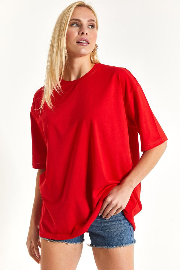 armonika armonika Women's Red Round Collar Oversize T-shirt