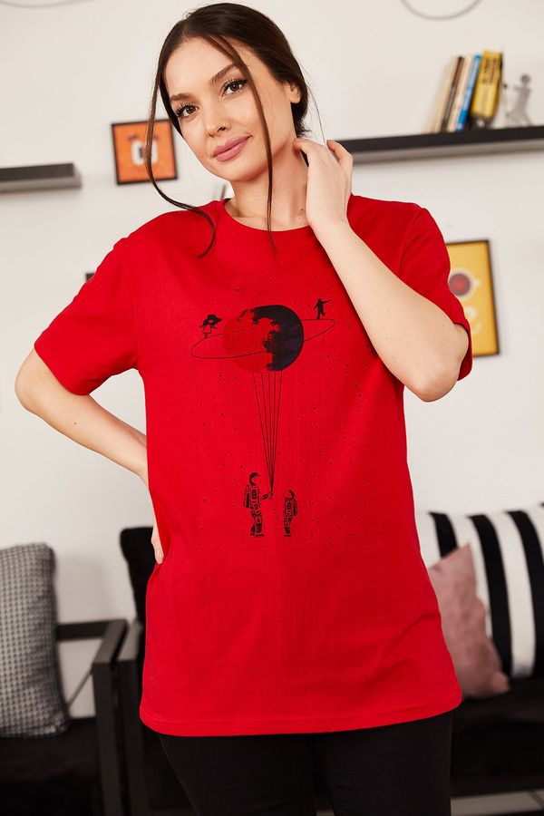 armonika armonika Women's Red Saturn Printed T-Shirt
